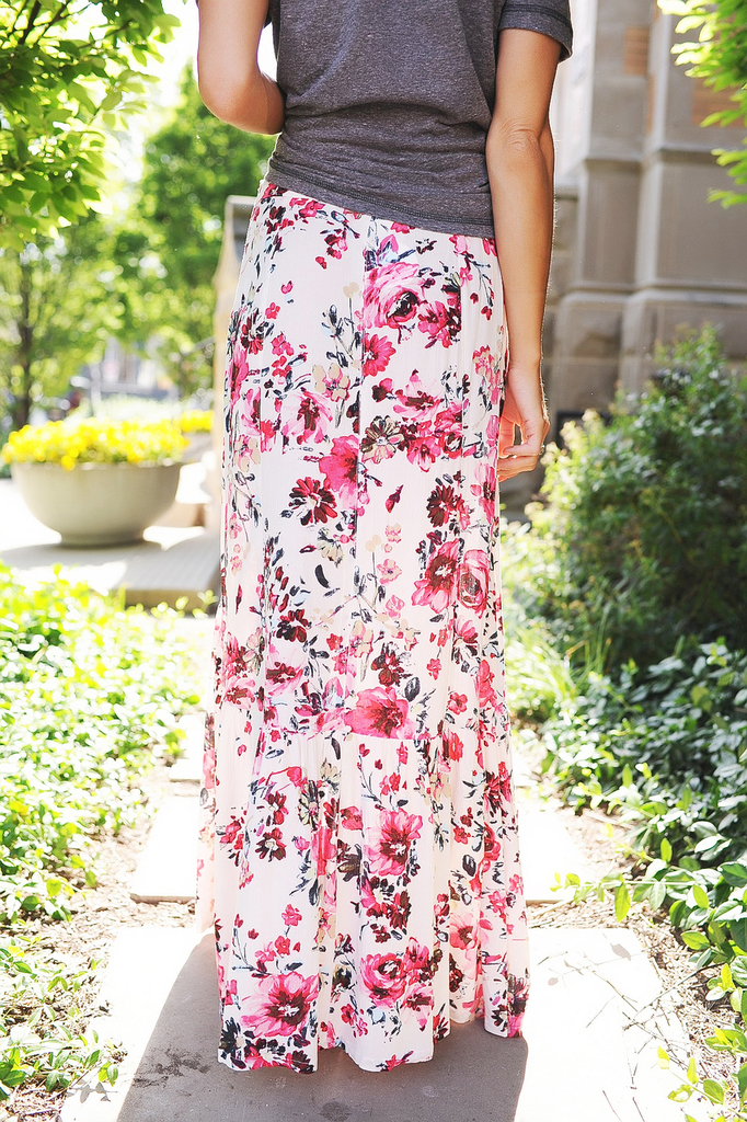 Cream/Pink Floral Button Skirt