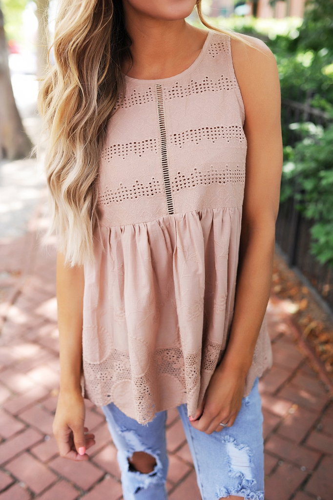 Embroidered Babydoll Tank- Taupe