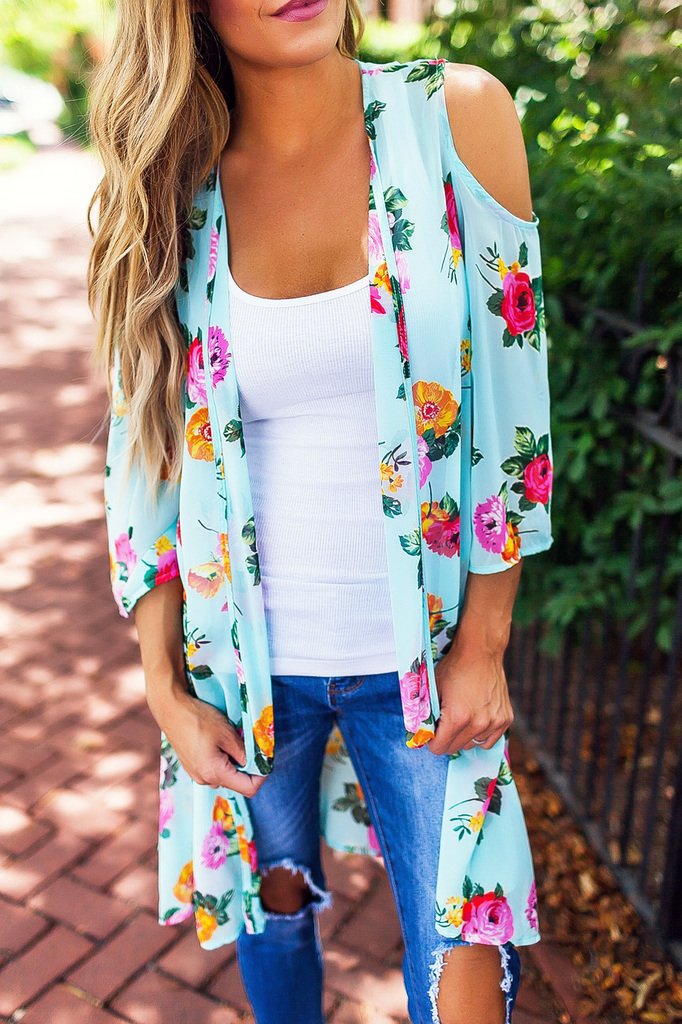 Mint Open Shoulder Floral Kimono