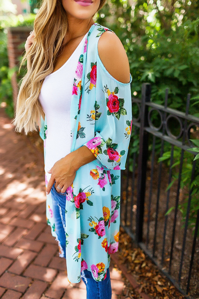 Mint Open Shoulder Floral Kimono