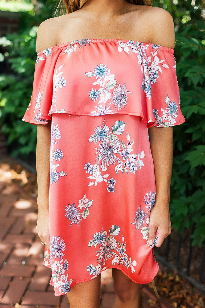 Coral Floral Off The Shoulder Satin Dress
