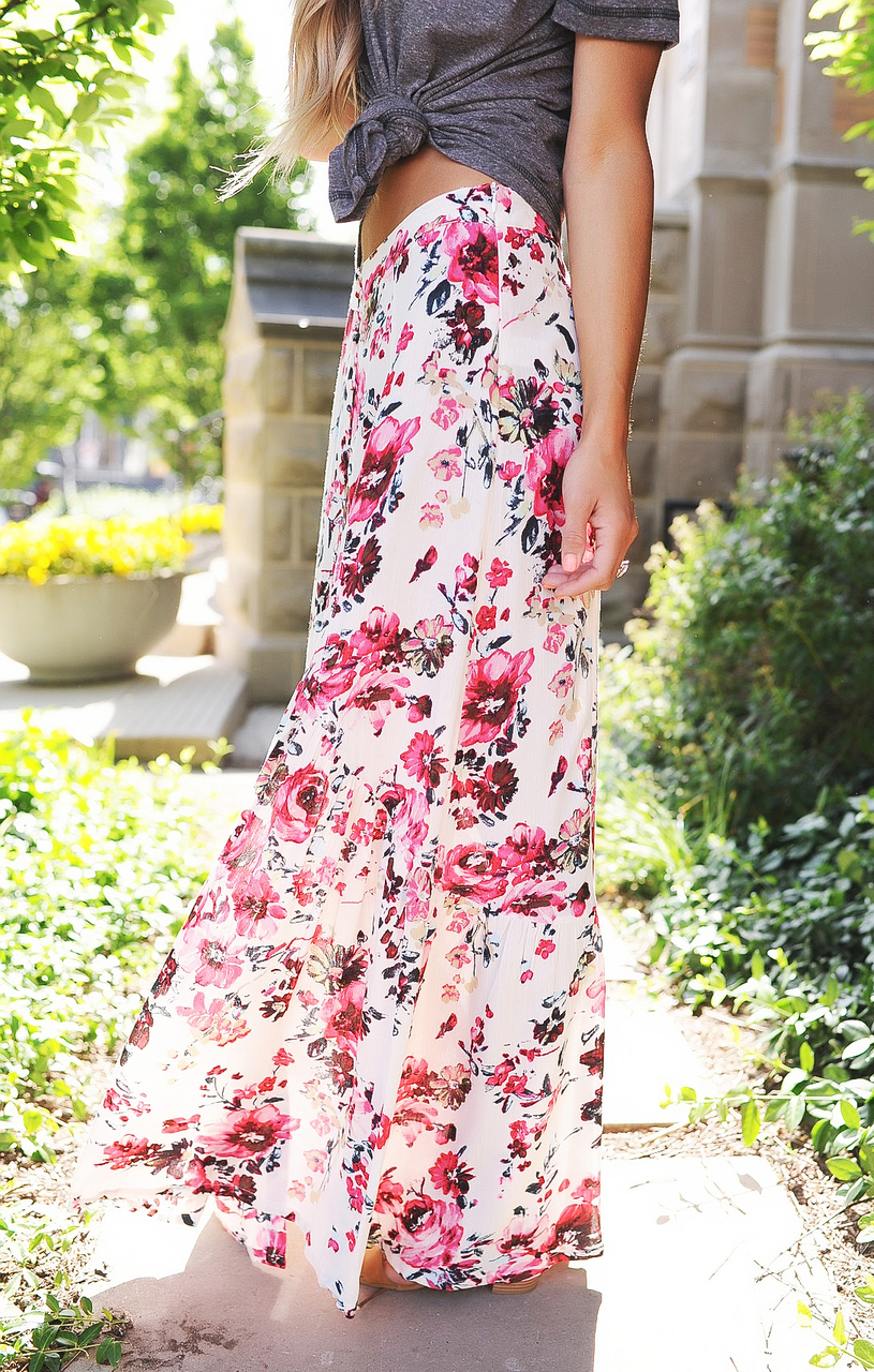 Cream/Pink Floral Button Skirt