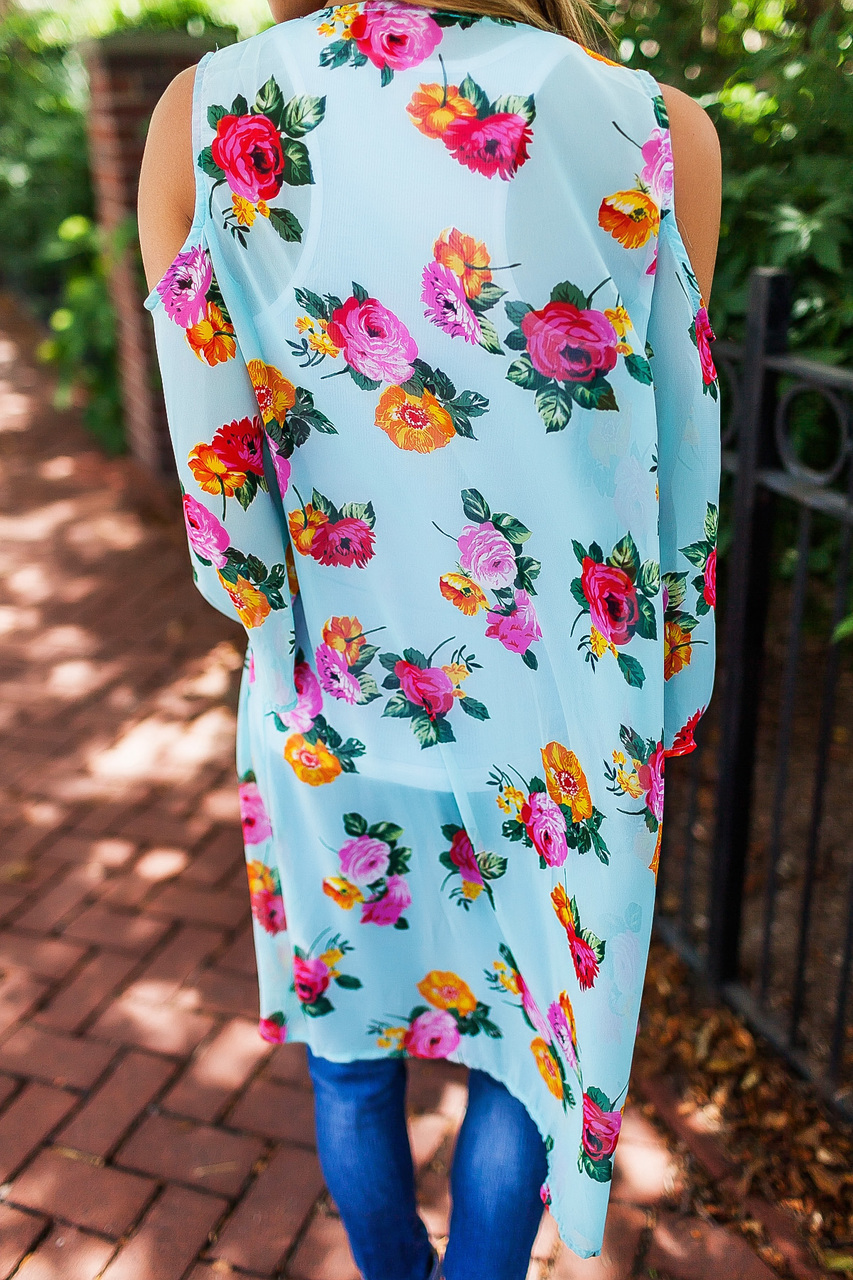 Mint Open Shoulder Floral Kimono