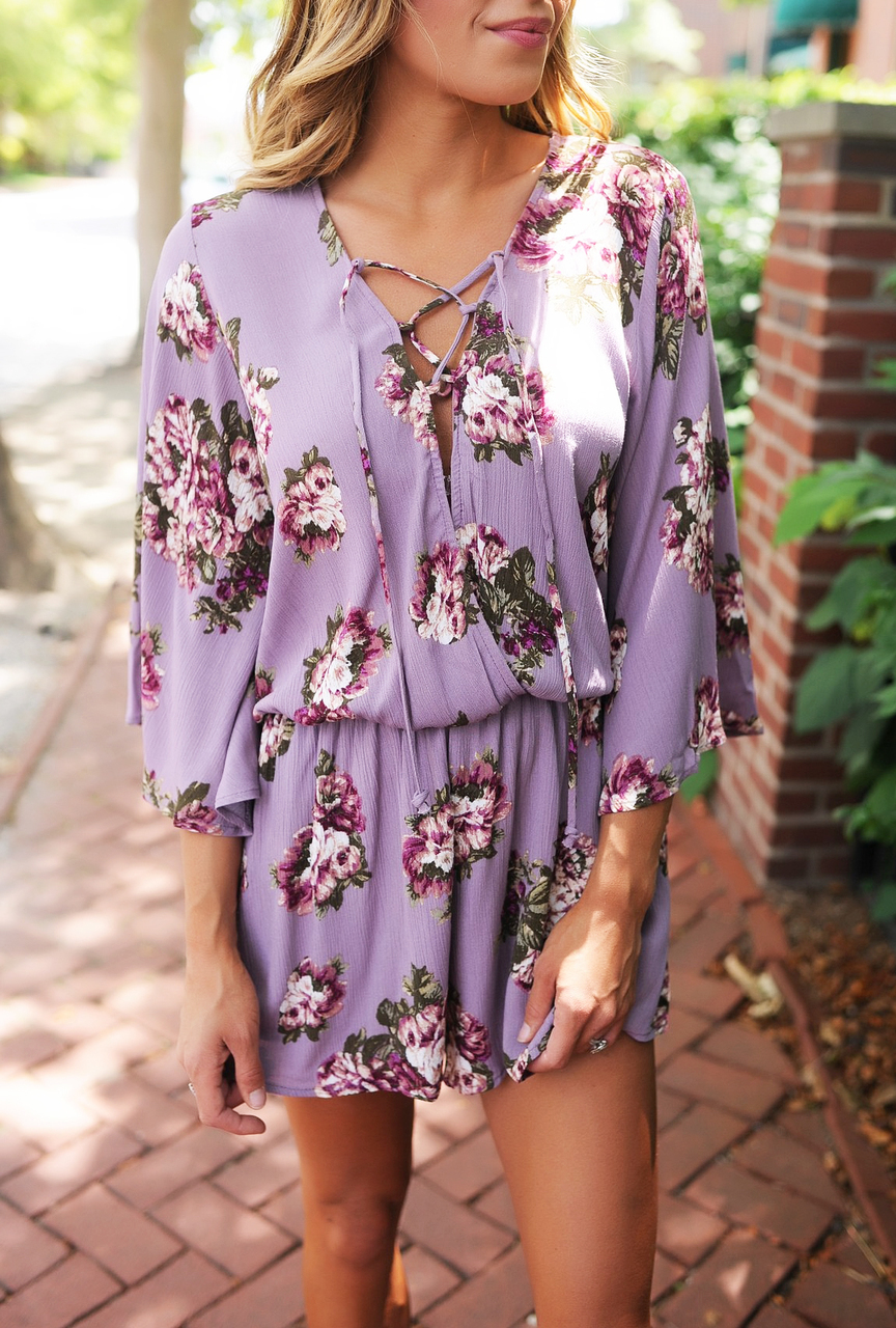 Purple Floral Lace Up Romper