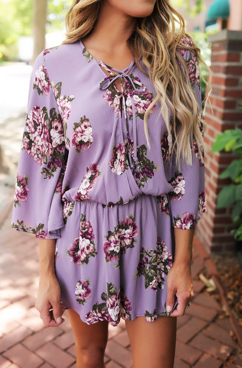 Purple Floral Lace Up Romper