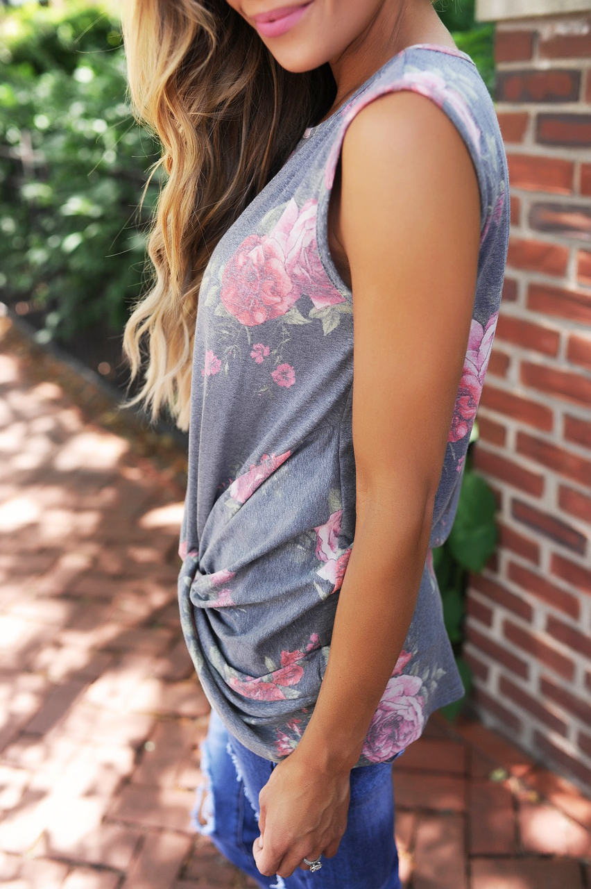 Charcoal Rose Print Knot Tank
