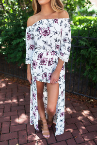 Ivory Flower Print Off The Shoulder Layered Romper