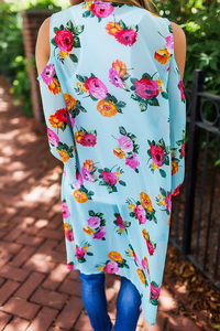 Mint Open Shoulder Floral Kimono