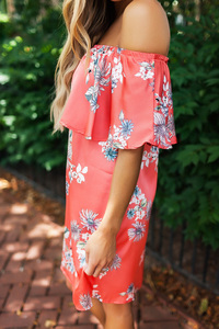 Coral Floral Off The Shoulder Satin Dress