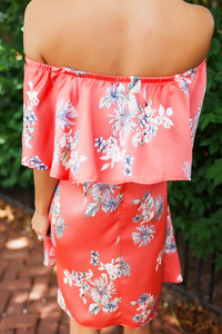 Coral Floral Off The Shoulder Satin Dress