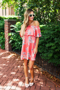 Coral Floral Off The Shoulder Satin Dress