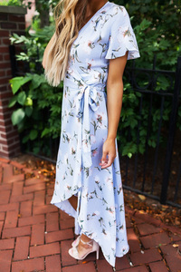 Light Blue Printed High-Low Wrap Dress
