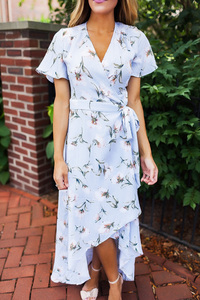 Light Blue Printed High-Low Wrap Dress